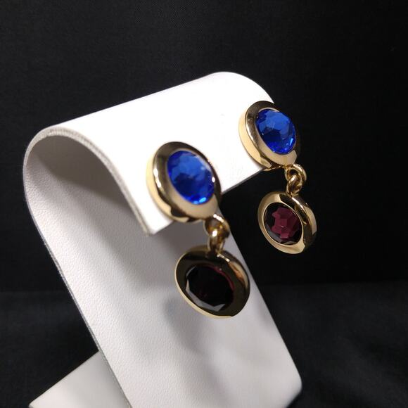 Swarovski Gold Plated Drop Earrings, Blue Green Purple Crystals, 1990s Swan Logo - Picture 8 of 10